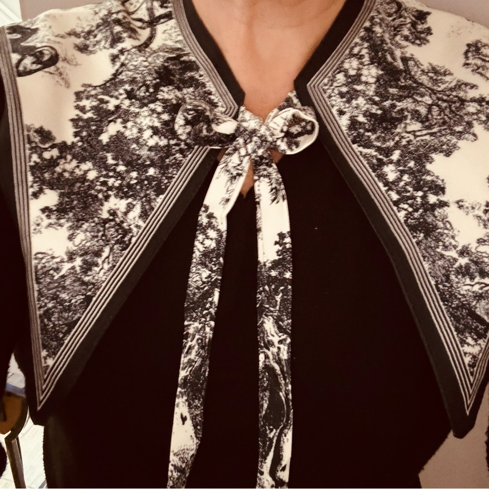 Navy and Cream Toile Print Dickey Collar with Bow Tie Closure